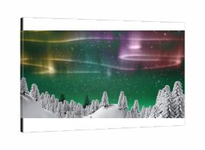 Image of snow falling over norhern lights and winter landscape