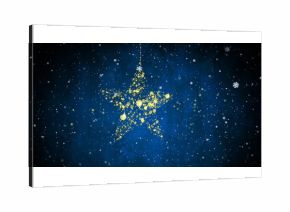 Golden star made of particles with falling snowflakes image on blue background