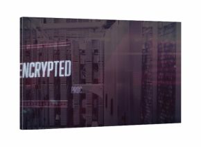 Revealing server rack unit pulsing status lights in dim data center, with encrypted PROC overlay