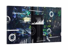 Displaying server rack behind hex mesh panel in data center with cables, lights and data overlays