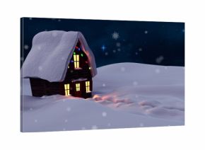 Image of snow falling over house with christmas fairy lights and winter landscape