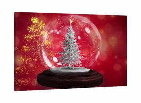 Image of snow globe with christmas tree and shooting star with snow falling