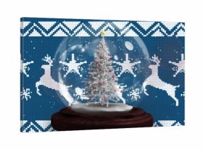 Shooting star around a christmas tree in a snow globe against traditional blue christmas pattern