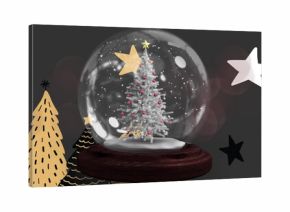 Shooting star around christmas tree in a snow globe against christmas tree icons on grey background