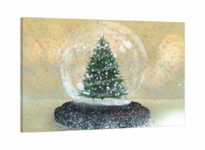 Shooting star around christmas tree in a snow globe against spots of light on yellow background