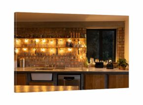 Concrete countertop is featuring undermount sink and faucet under wooden shelves with string lights