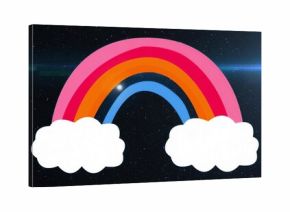 Floating cartoon rainbow connecting two white clouds in star field, with bright blue lens flare