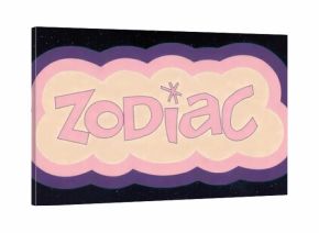 Displaying pastel cloud-shaped graphic floating in cosmic star field, with stylized ZODIAC text