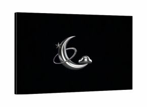 Orbiting crescent moon inside orbital ring against black backdrop, with five-pointed star and cloud