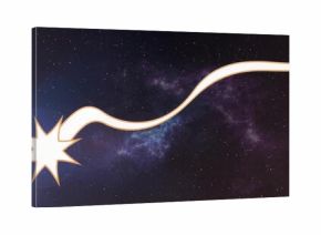 Travelling stylized shooting star icon sweeping across cosmic backdrop, with swirling nebula clouds