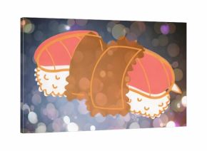 Floating two nigiri and one gunkan sushi piece across digital canvas with soft focus bokeh lights