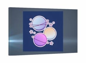 Floating three pastel planets with rings on gray background, with star icons, lens flare effect