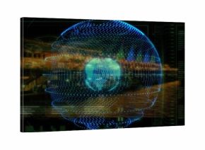 Displaying holographic Earth globe rotating in command center display, with glowing ring lights