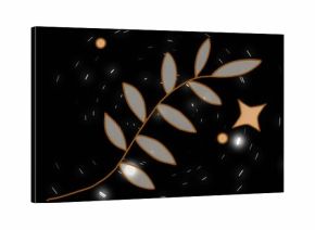 Floating stylized branch with orange-edged leaves in void, orange star and circles, light particles