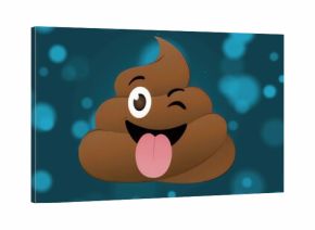 Showing brown poop emoji winking and sticking tongue out on dark teal background, with bokeh lights