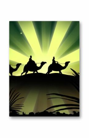 Image of silhouette of three wise men on camels over shooting star on green background