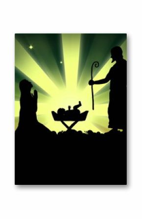 Image of silhouette of nativity scene over shooting star on green background