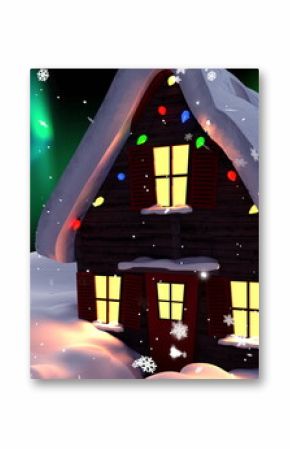 Image of house, snow falling and aurora borealis in christmas winter scenery background