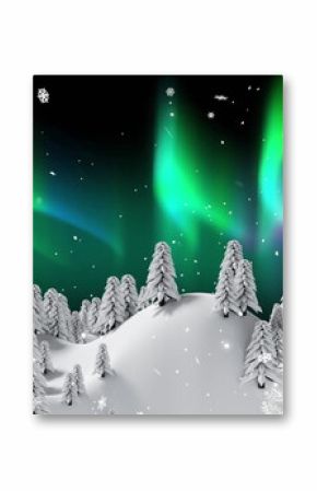 Image of snow falling and aurora borealis in christmas trees winter scenery background