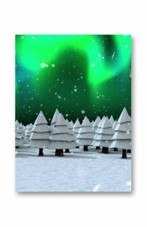 Image of snow falling and aurora borealis in christmas winter scenery background