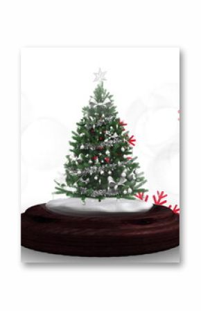 Image of snow globe with christmas tree over snow falling and shooting star