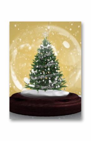 Image of snow globe with christmas tree and shooting star with snow falling