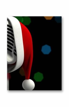 Image of santa claus hat on retro microphone and christmas fairy lights over black background