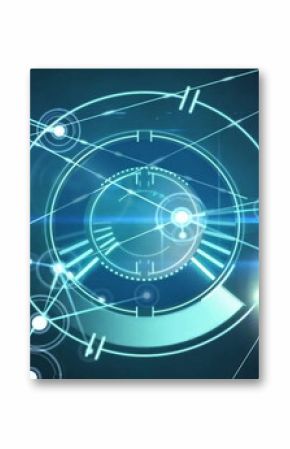 Image of circular scanner processing over networks and blue lights on dark background