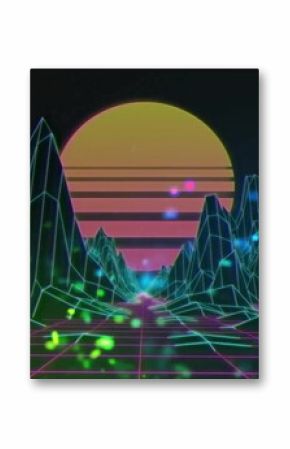 Image of pink and yellow sun over grid landscape and glowing lights on black background