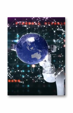 Image of robot arm picking holding globe with communication network against flashing data lights