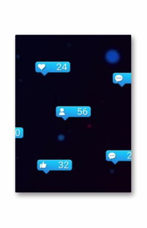 Image of social media like and love notifications and colourful lights on black background