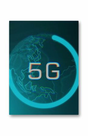 Image of 5g text light spots over blue globe and lights on dark background