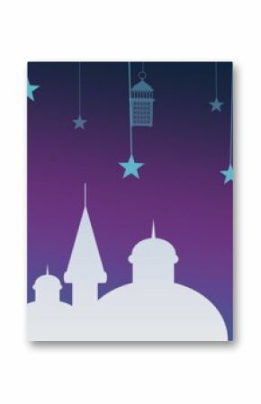 Image of white arabic style rooftops with hanging blue moon, lamp and star symbols on purple