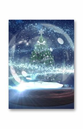 Shooting star over christmas tree in a snow globe against multiple blue stars icons floating