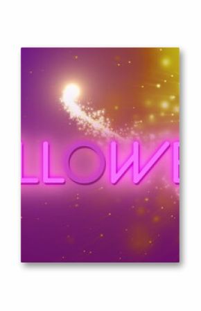 Image of shooting star over neon halloween text banner against light spots on purple background