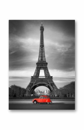 Fototapeta Wieża Eiffla i czerwony samochód czarno-biała