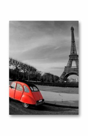 Wieża Eiffla i czerwony samochód - Paryż