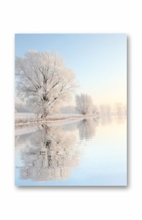 Mroźny zimy drzewo przeciw niebieskiemu niebu z odbiciem w wodzie