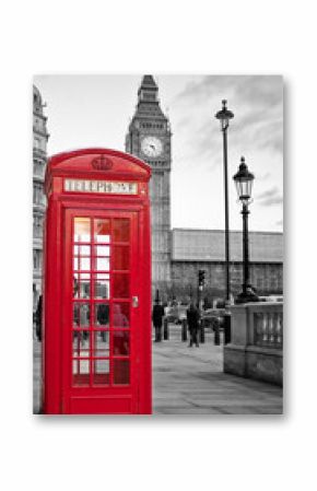 Czerwona budka telefoniczna w Londynie z Big Benem w czerni i bieli