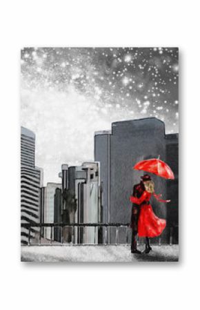 Fantasy illustration with Milky Way, stars. View of city space landscape. Painting New York. Skyscrapers and sky. Man and woman under an red umbrella