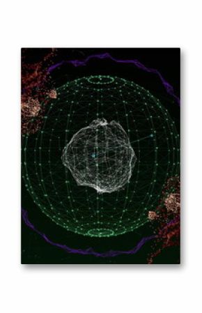 Image of moving glowing lights and waves over black background
