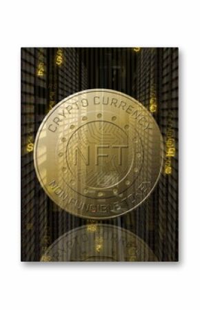 Image of coin with nft and lights over servers