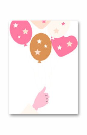 Hand is holding floating star-patterned balloons in flat design, transparent background