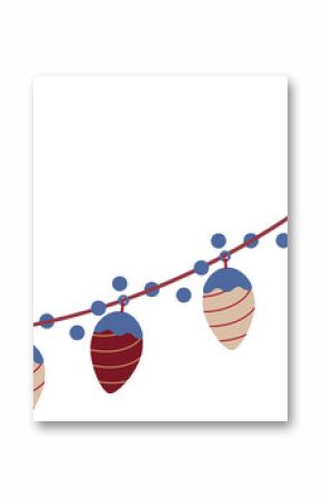 Pinecone lights are hanging on red cord, vector art with blue bulbs, transparent background