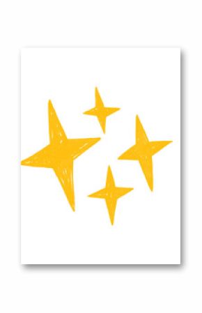 Cluster of four hand-drawn star-shaped sparkles is floating on transparent backdrop in flat style