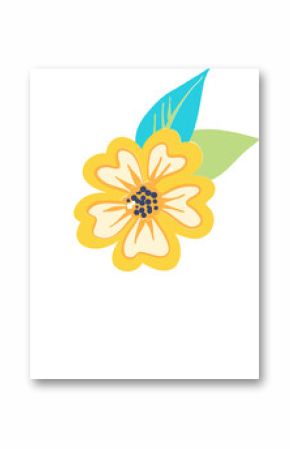 Flat yellow flower is floating on transparent background cream insets navy dots leaves white star