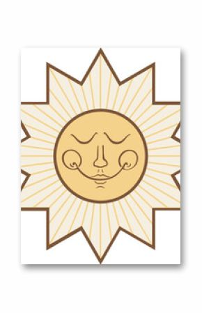 Central sun icon is shining in flat design with radiant rays and star shapes, transparent backdrop