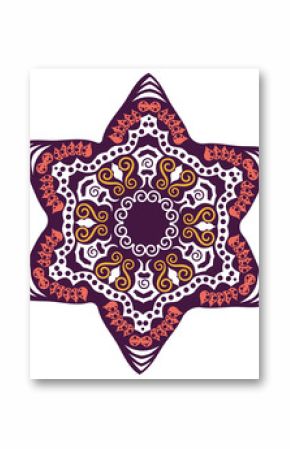 Six-pointed mandala vector star is forming on transparent with scrolls, circles, leaf clusters