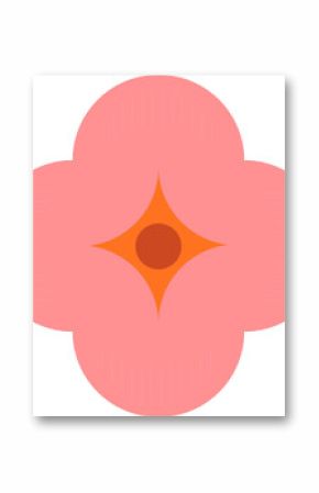 Abstract flat quatrefoil is glowing with pink lobes, orange star, circle on transparent background