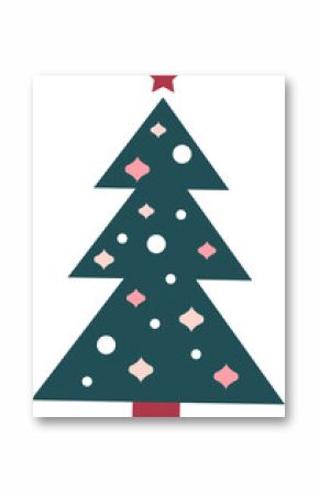 Flat vector Christmas tree is showing red star, trunk, white and pink ornaments on transparent BG